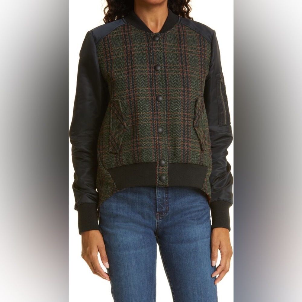 Veronica Beard Duvalle Mix Media Plaid Virgin Wool Bomber Jacket